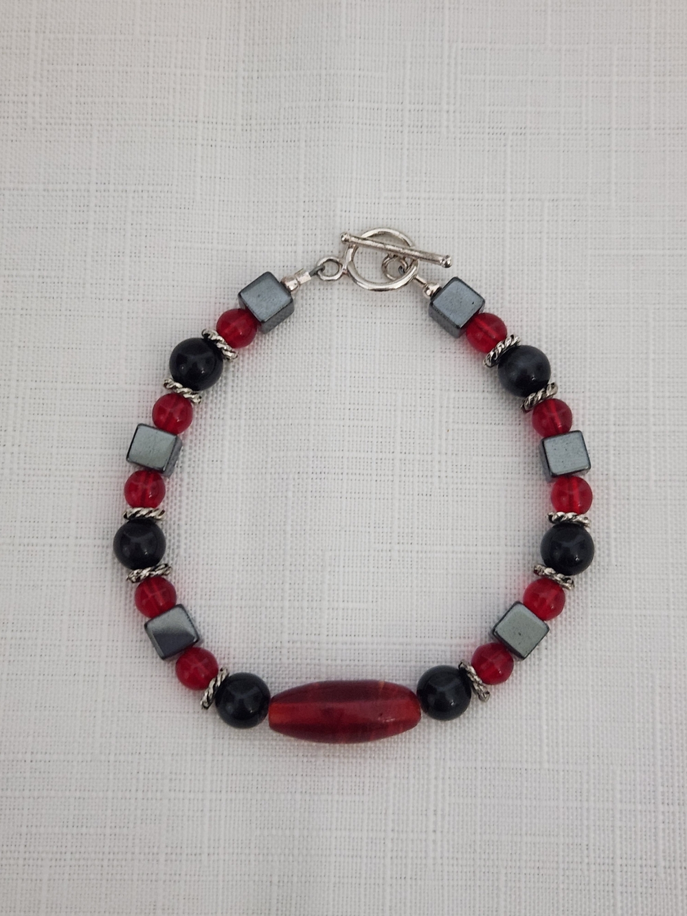 Handcrafted Red and Black Beaded Bracelet With Silver Toggle